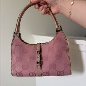 Authentic Gucci Jackie Pink Classic GG Monogram Vintage Bardot Hobo Bag